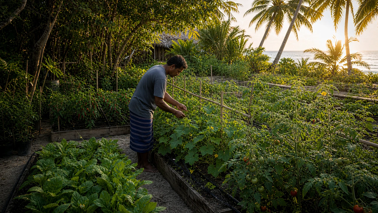 Maldivian grower tending tomato, chilli and leafy crop beds beside the sea