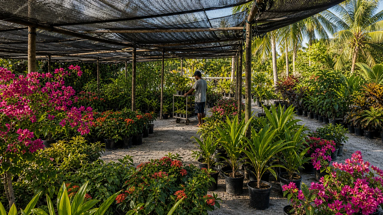Rows of tropical nursery plants under shade cloth with a worker preparing plants