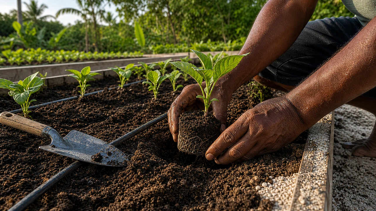 Grower transplanting a vegetable seedling into an irrigated raised bed