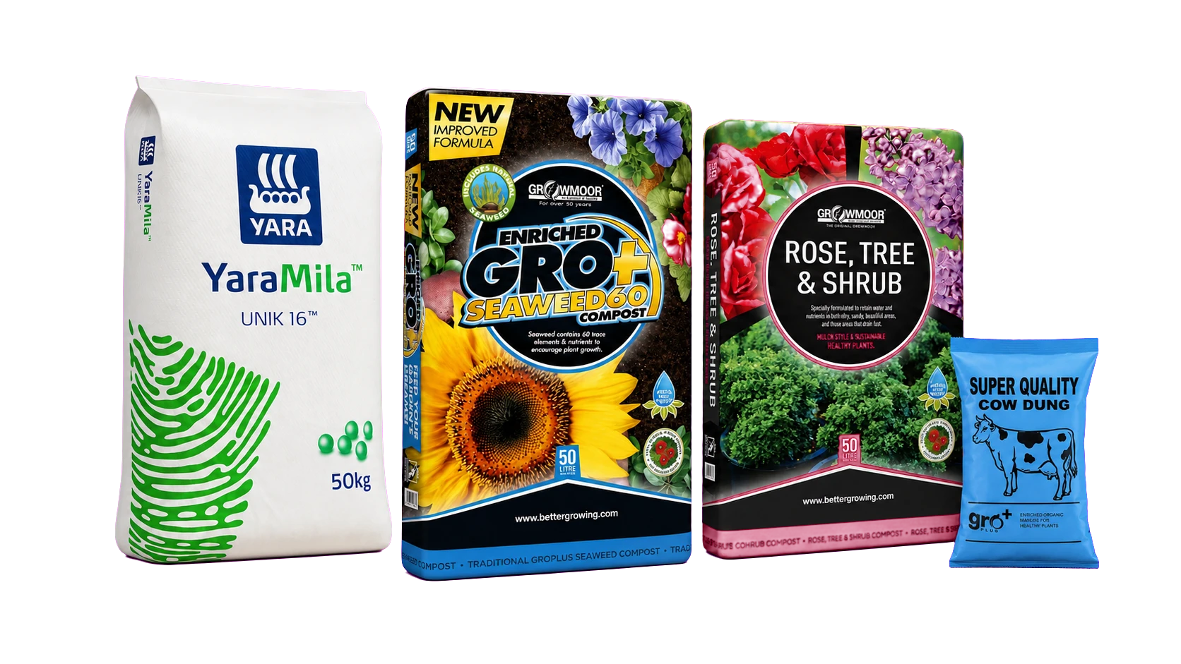 YaraMila UNIK 16, Growmoor Seaweed60 compost, Rose Tree and Shrub compost, and Gro Plus cow dung