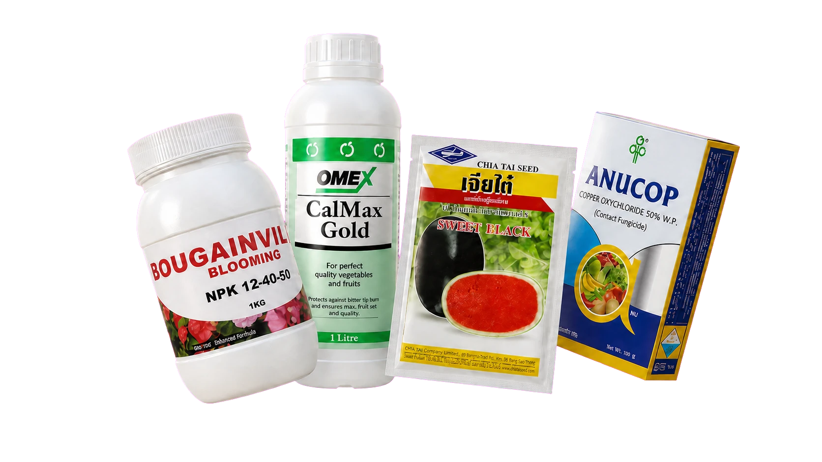Gro Plus Blooming fertilizer, OMEX CalMax Gold, Chia Tai Sweet Black seed and Anucop crop-care product