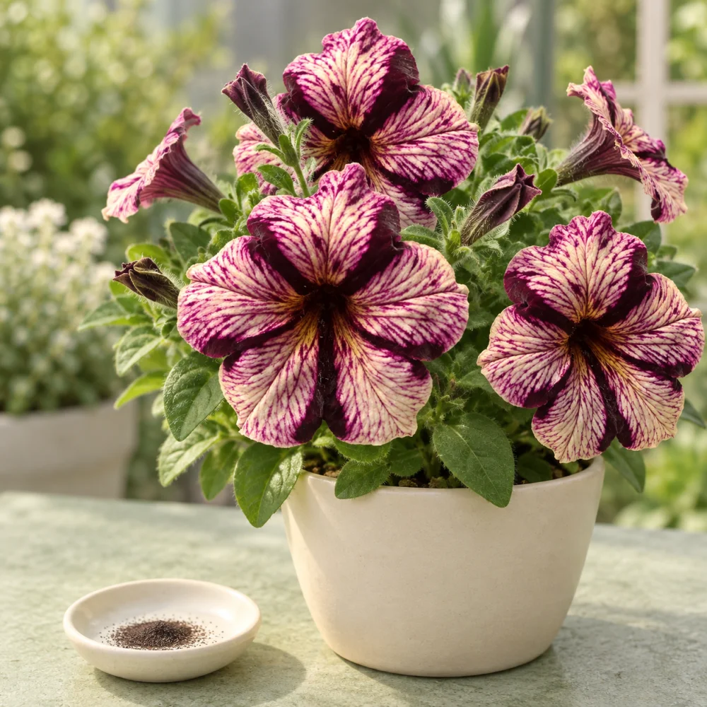 Generated illustration of Pattern Burgundy petunia flowers beside a dish of seeds