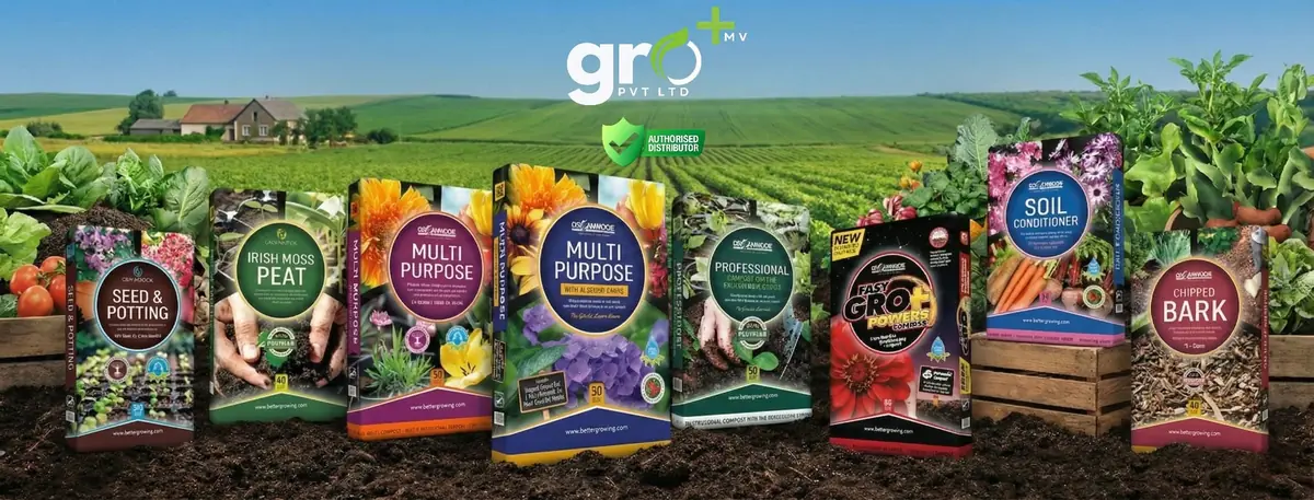 Gro Plus product range — bags of compost, peat, multi-purpose mixes and soil conditioner against farm fields